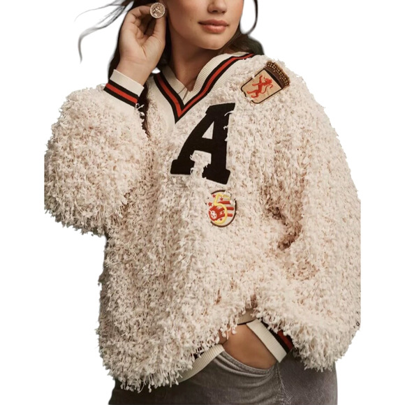 ANTHROPOLOGIE EVA FRANCO Plus Size 1X Varsity Pullover Shaggy Sweatshirt Top NWT - Picture 10 of 13